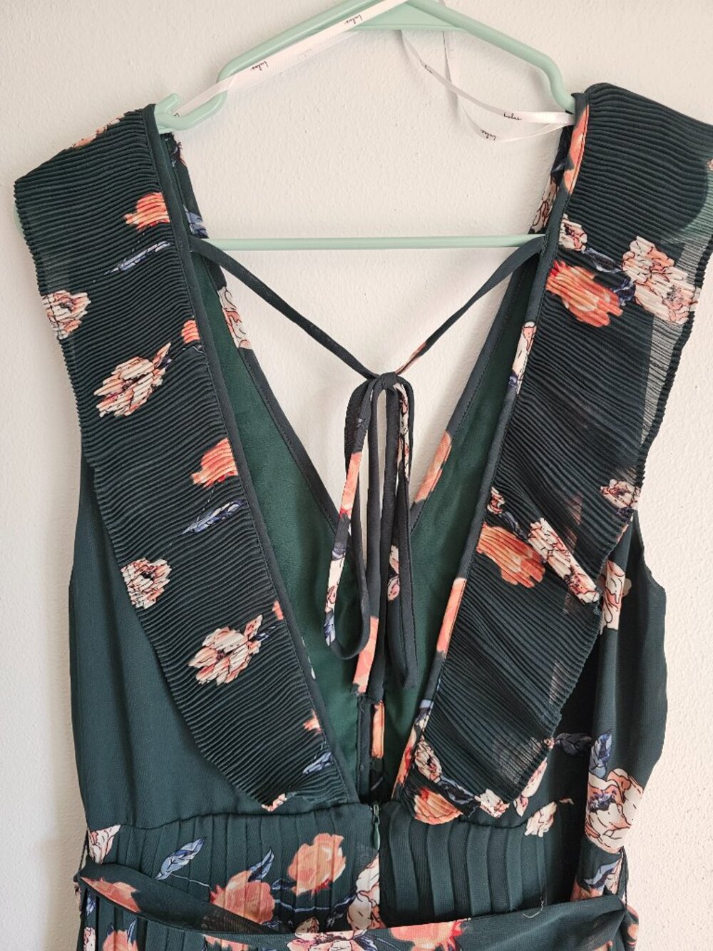 Lulus Loved By You Dark Green Floral Print Pleated Chiffon Maxi Dress - Size L - Picture 3 of 8